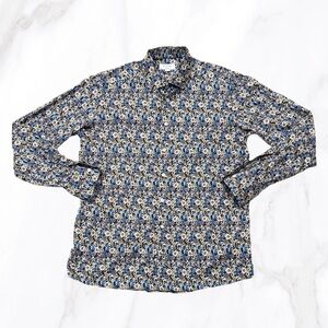 Eton Mens Blue Floral Contemporary Fit Long Sleeve Button Up Dress Shirt, Size L
